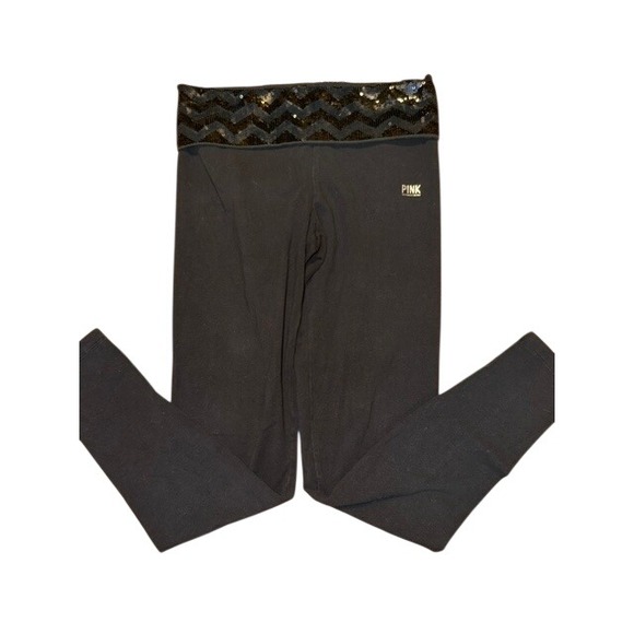 PINK Victoria's Secret Pants - Pink Victoria's Secret Black Yoga Leggings Sequin Chevron Foldover Waist Small